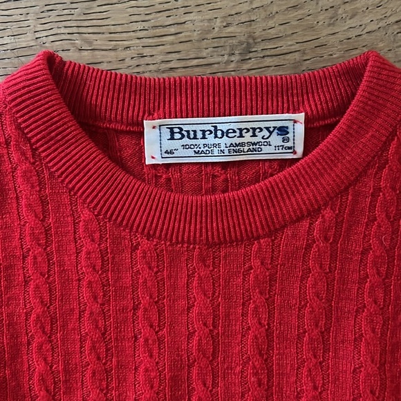 Vintage Burberry Made in England 100% Pure Wool Cableknit Crewneck Cardigan Red - Picture 10 of 10